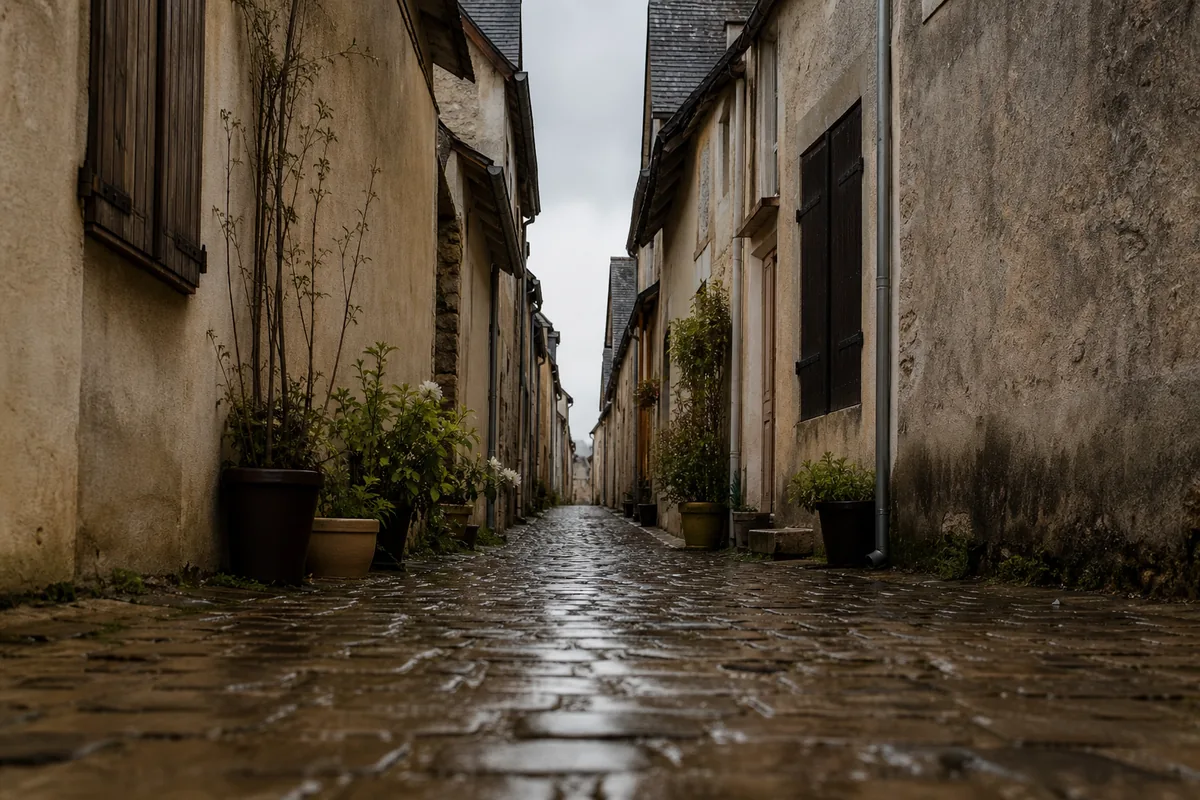 Toits d’ardoise des maisons basses de Trentemoult vus depuis une ruelle étroite