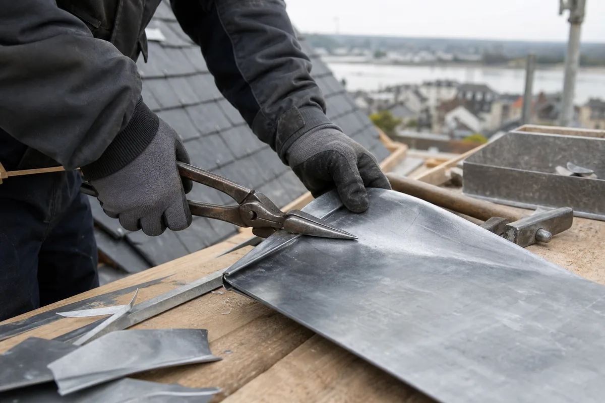 Mains gantées d&rsquo;un zingueur façonnant une feuille de zinc sur un échafaudage de toiture