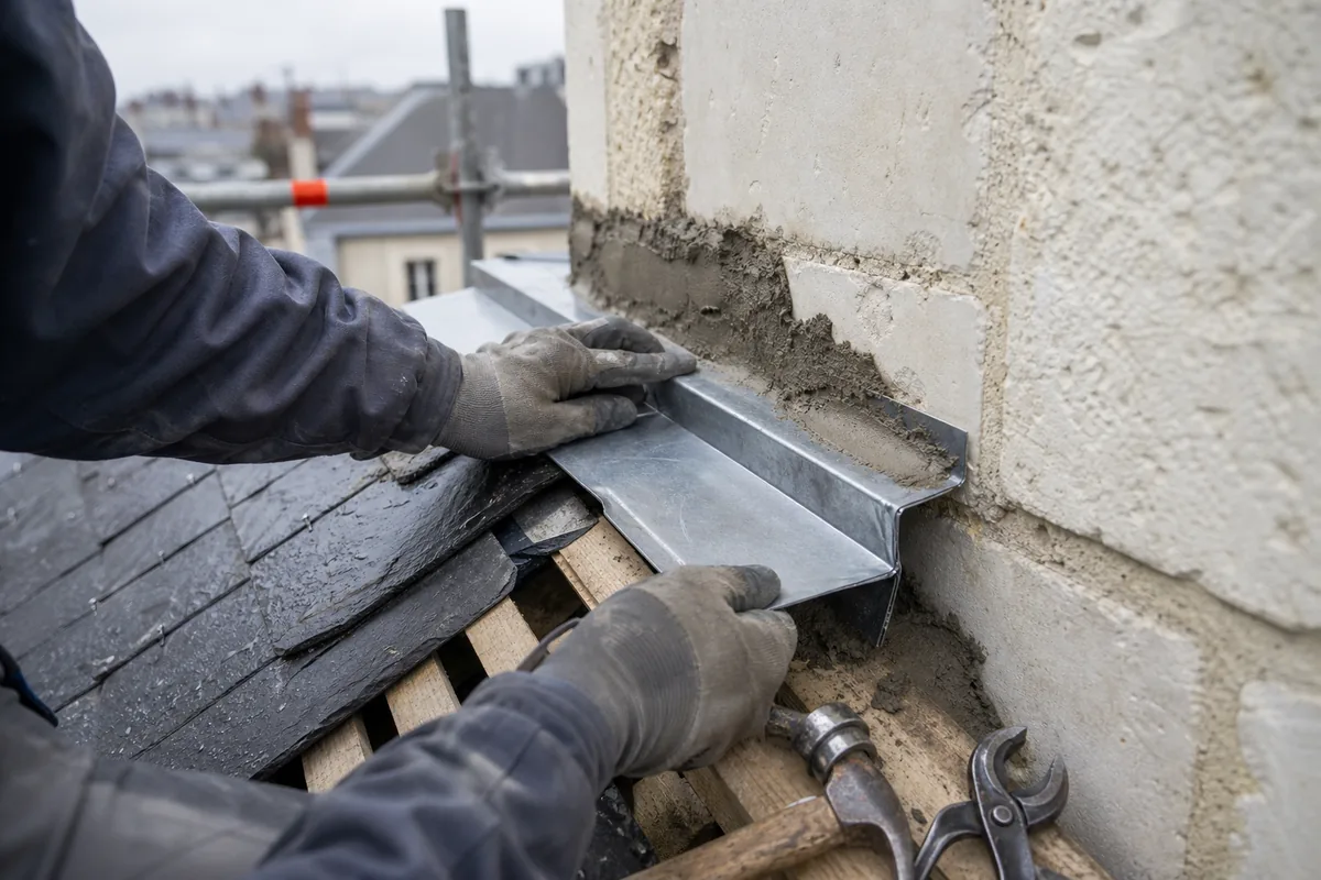 Réfection d’un solin de zinc contre un mur de tuffeau, mains gantées d’un couvreur, lumière grise