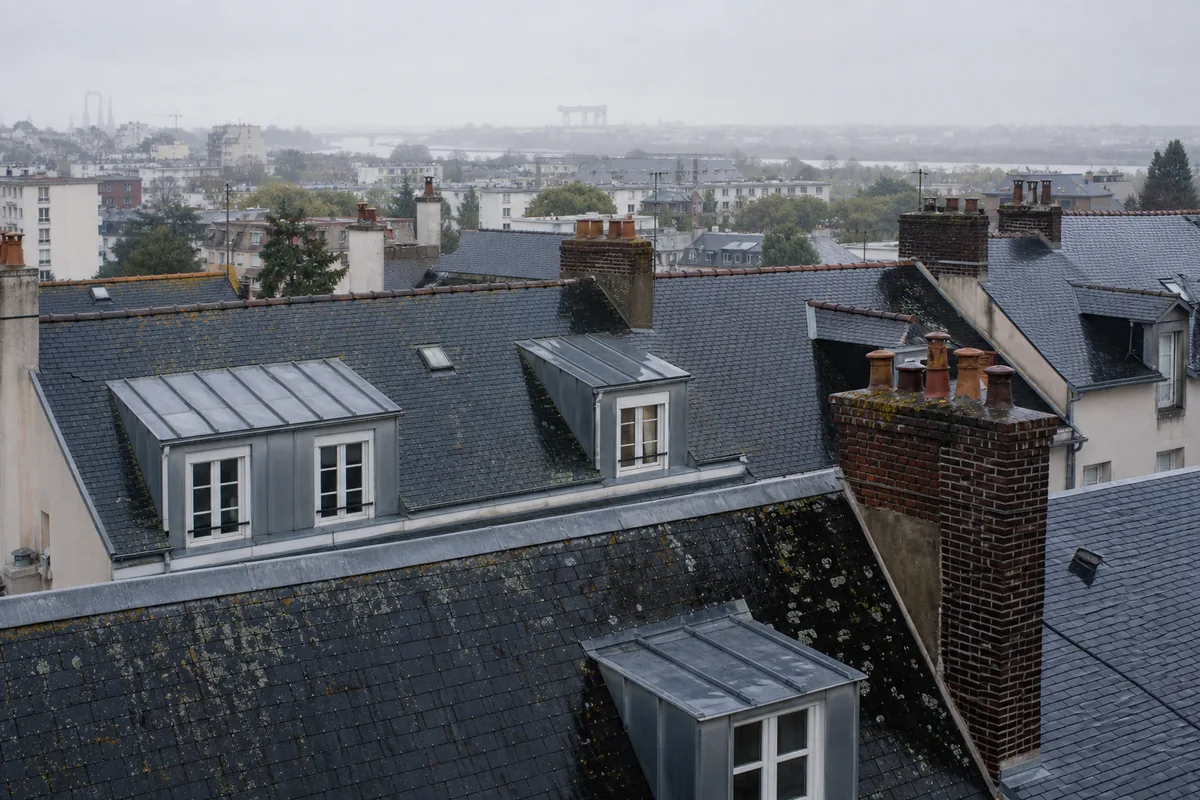 Toits d’ardoise bleue d’un quartier nantais lavés par la pluie sous un ciel gris perle