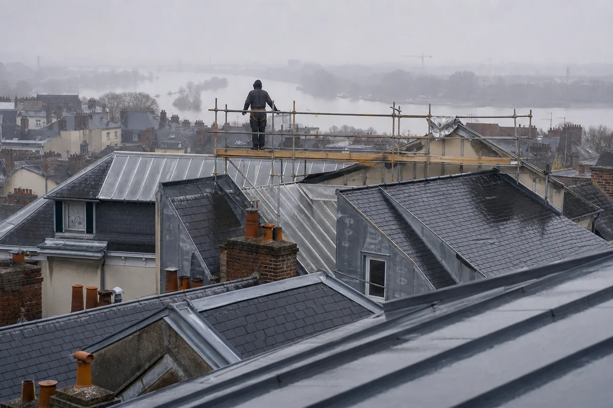 Vue plongeante sur les toitures d’ardoise et les lucarnes en zinc d’un quartier nantais