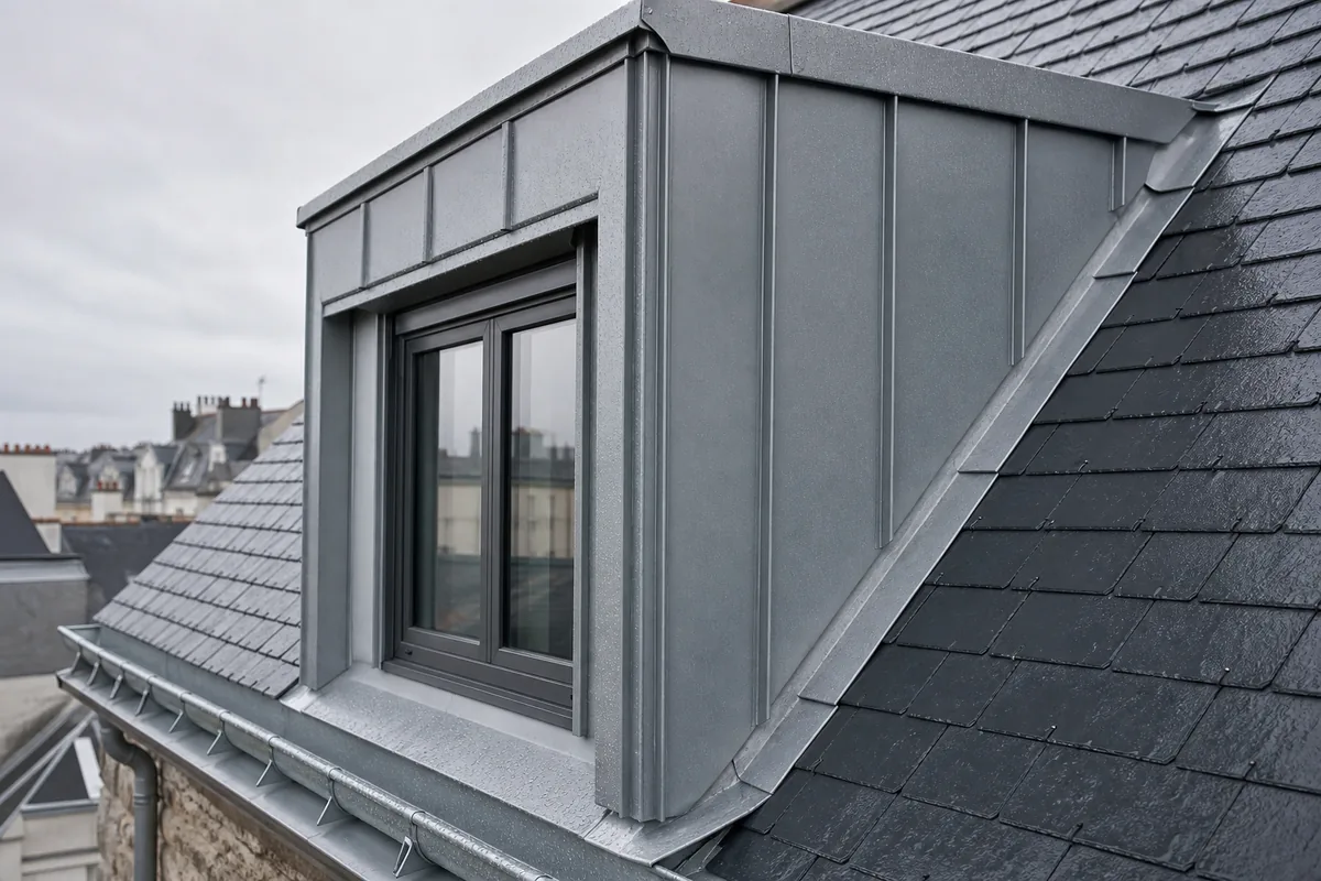 Couverture en zinc à joint debout sur une lucarne, vue rapprochée sous un ciel gris perle