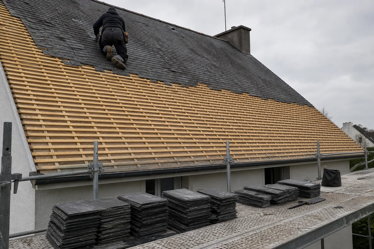 Toiture d’ardoise partiellement déposée sur un pavillon nantais, volige à nu et échafaudage monté en façade