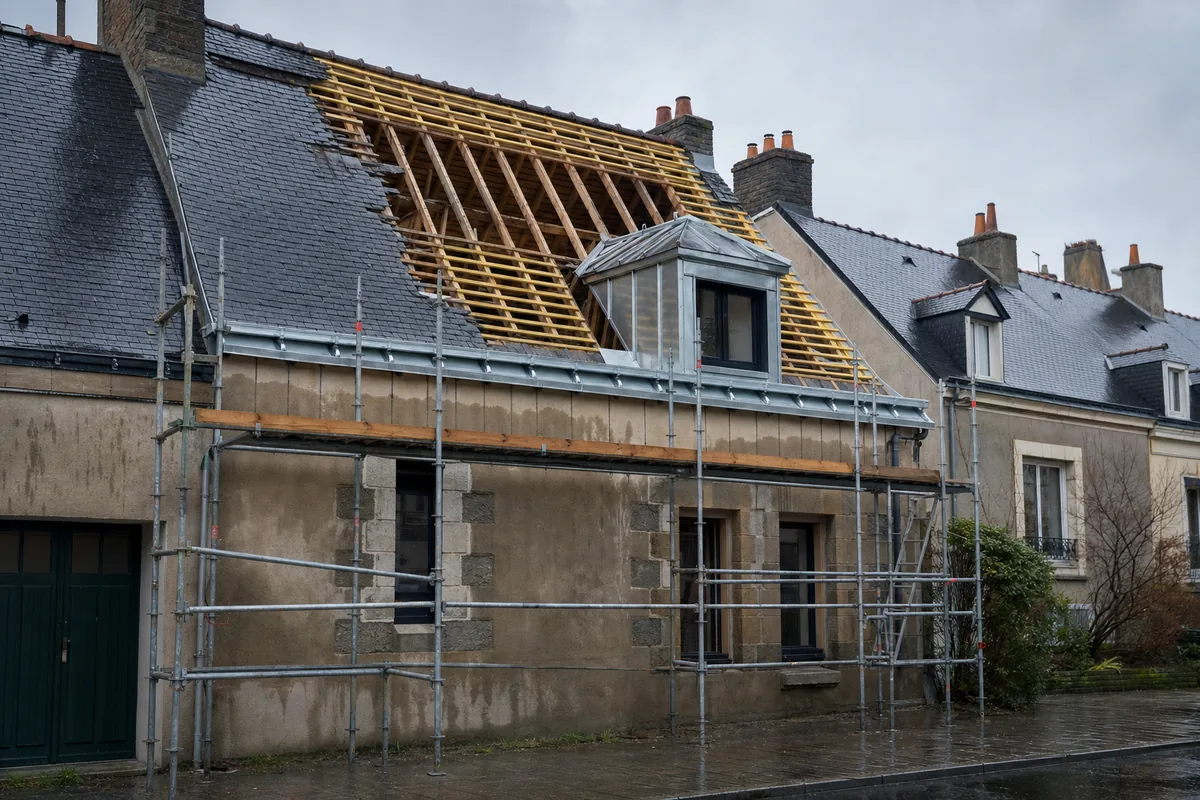 Échafaudage sur une maison nantaise dont le versant en ardoise est en cours de dépose