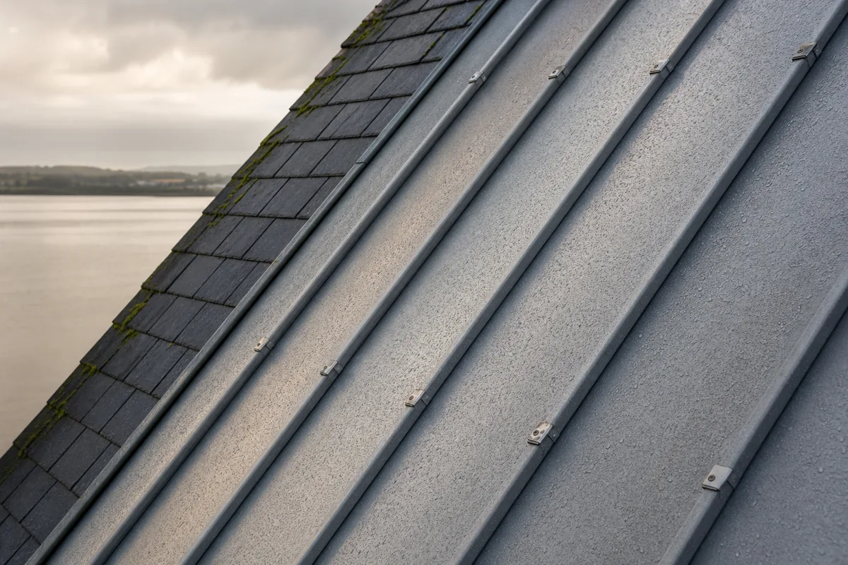 Couverture en zinc à joint debout sur une extension contemporaine, versant humide sous un ciel gris perle nantais