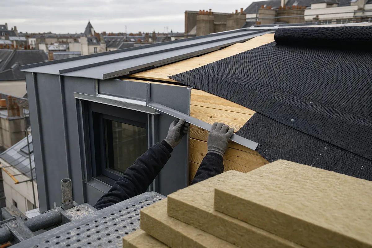 Détail d’une natte drainante et d’un voligeage neuf sous une couverture zinc en cours de pose sur une lucarne